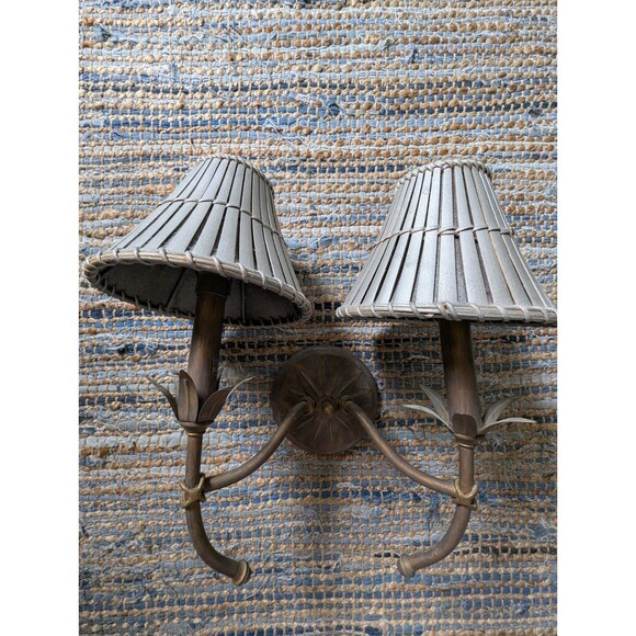 Set Of Wall Sconce Grey Lamp Shades Brass Wall Mount Coastal Shells Palm Tree